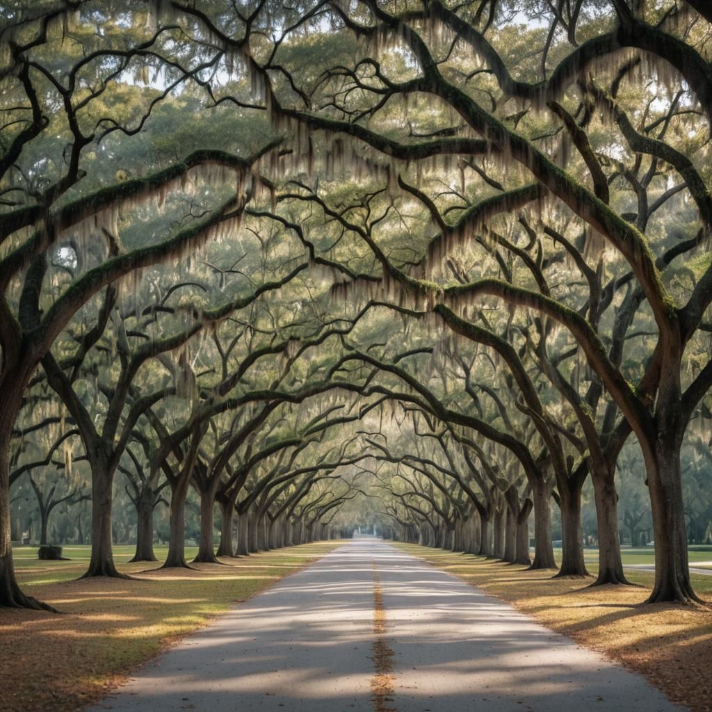 Avenue Shaded by Oak Trees with Spanish Moss