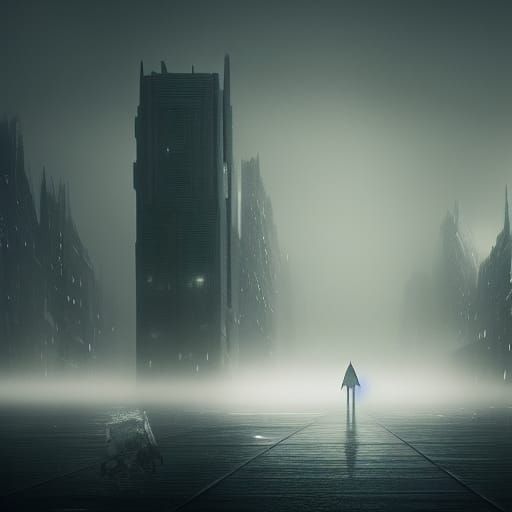 Mysterious Creature Stalks Foggy City in Dark Fantasy Style
