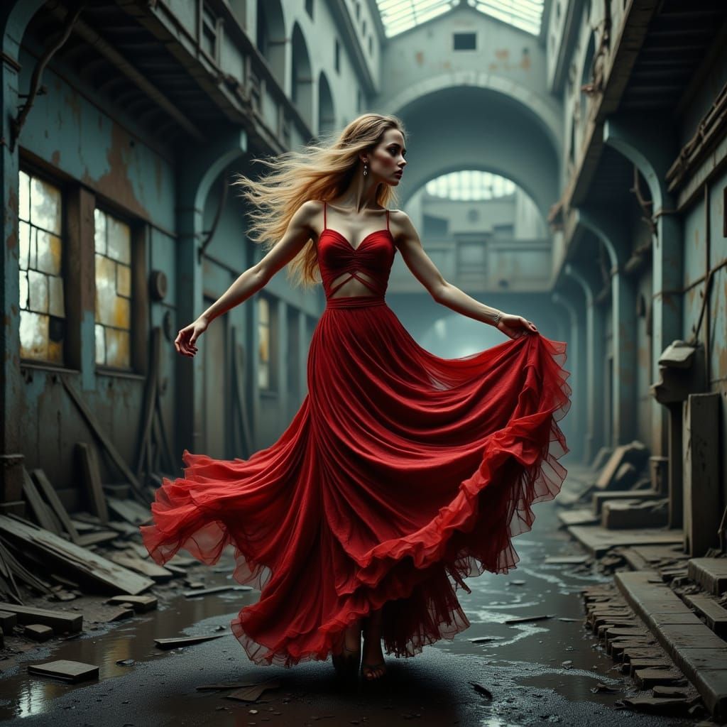 Cyberpunk Goddess Dancing in Abandoned Ruins