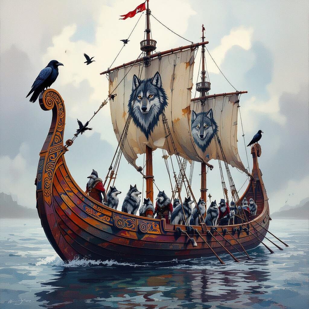 Viking Longship Adorned With Wolves and Ravens
