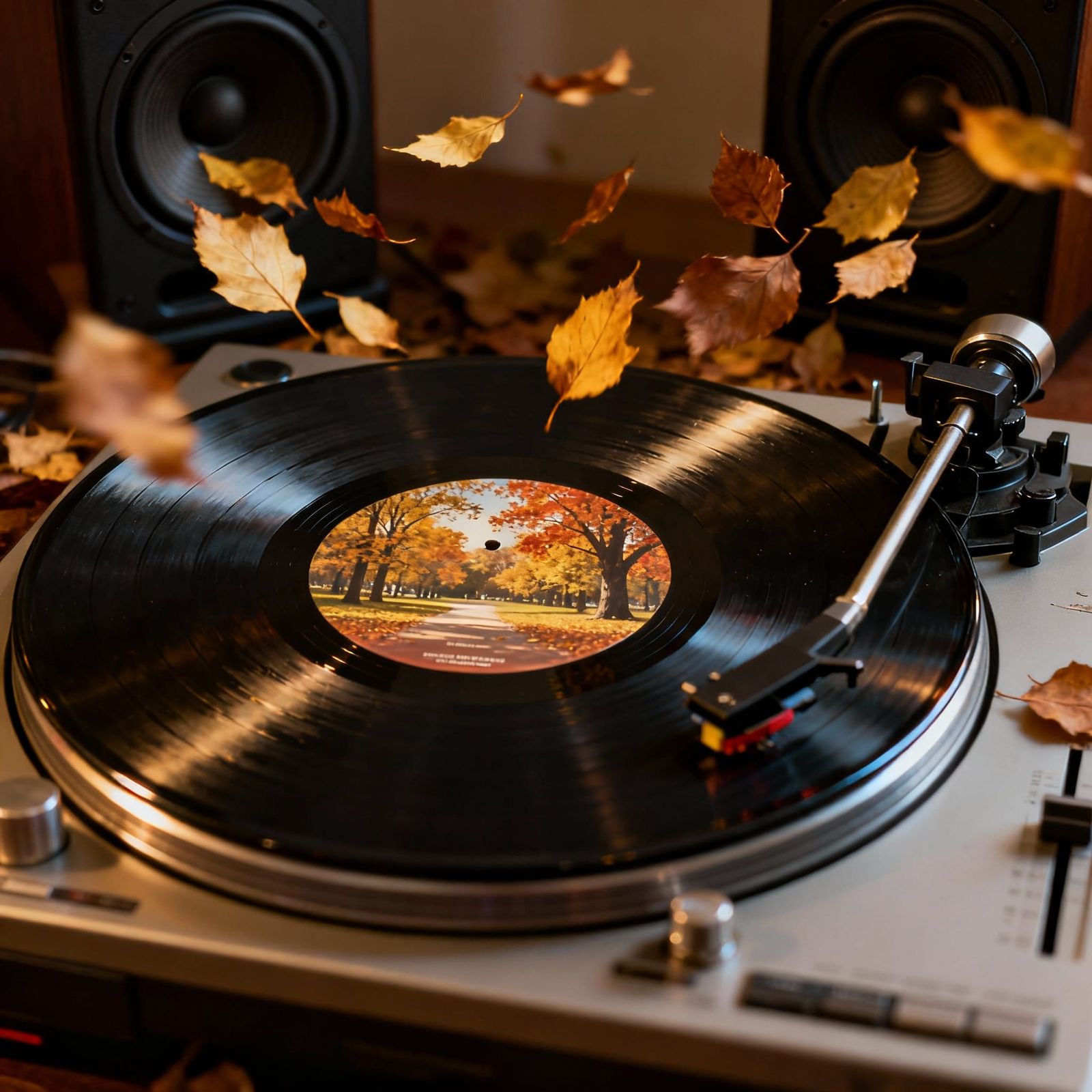 Autumn Park Vinyl Record Scene with Falling Leaves