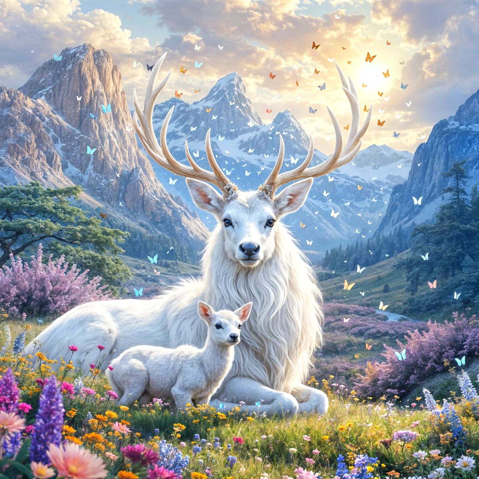 Majestic White Deer with Butterflies