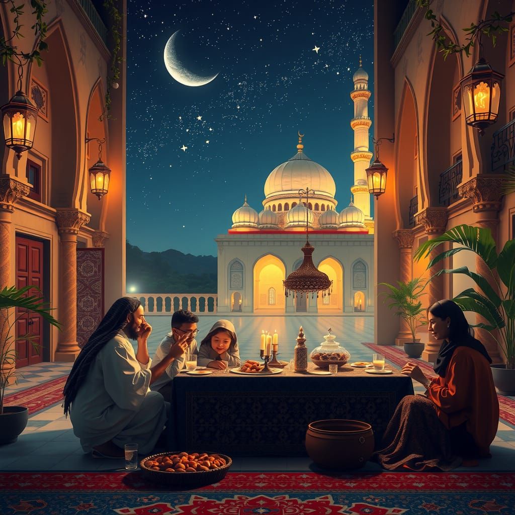 Peaceful Family Gathering in a Resplendent Courtyard