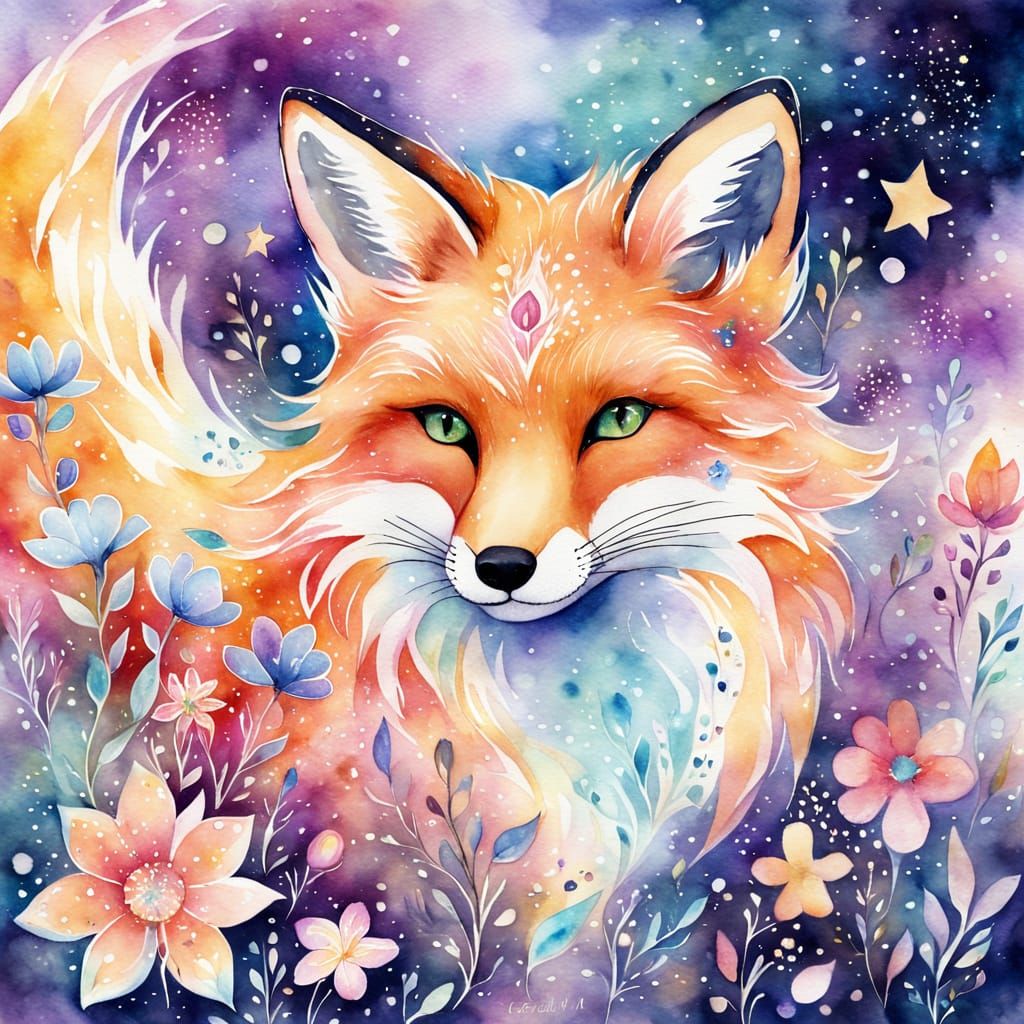 Cosmic Fox with Fantasy Flowers in Watercolor