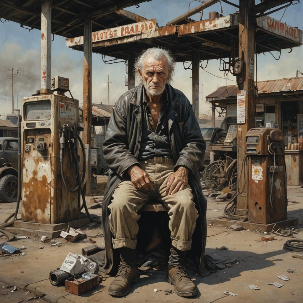 Post-Apocalyptic Gas Station Scene in Acrylic Style