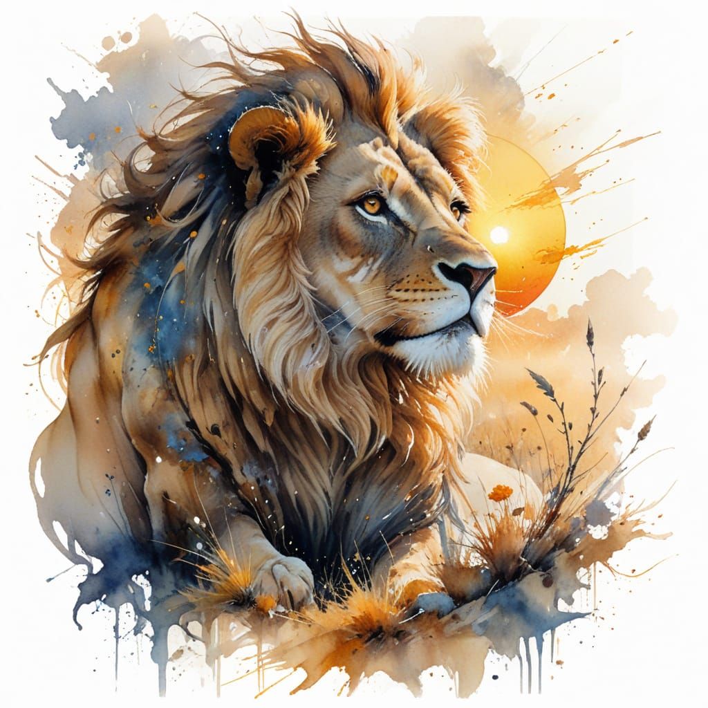 Majestic Lion on Savanna at Sunrise: Watercolour Painting