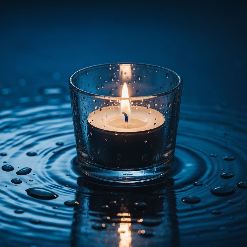 Ethereal Candle Flame Reflected in Water Droplets