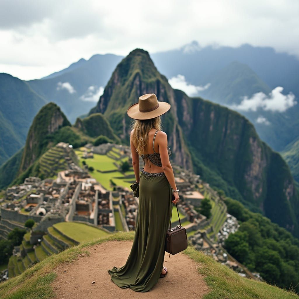 Elegant Traveler at Machu Picchu's Majestic Summit