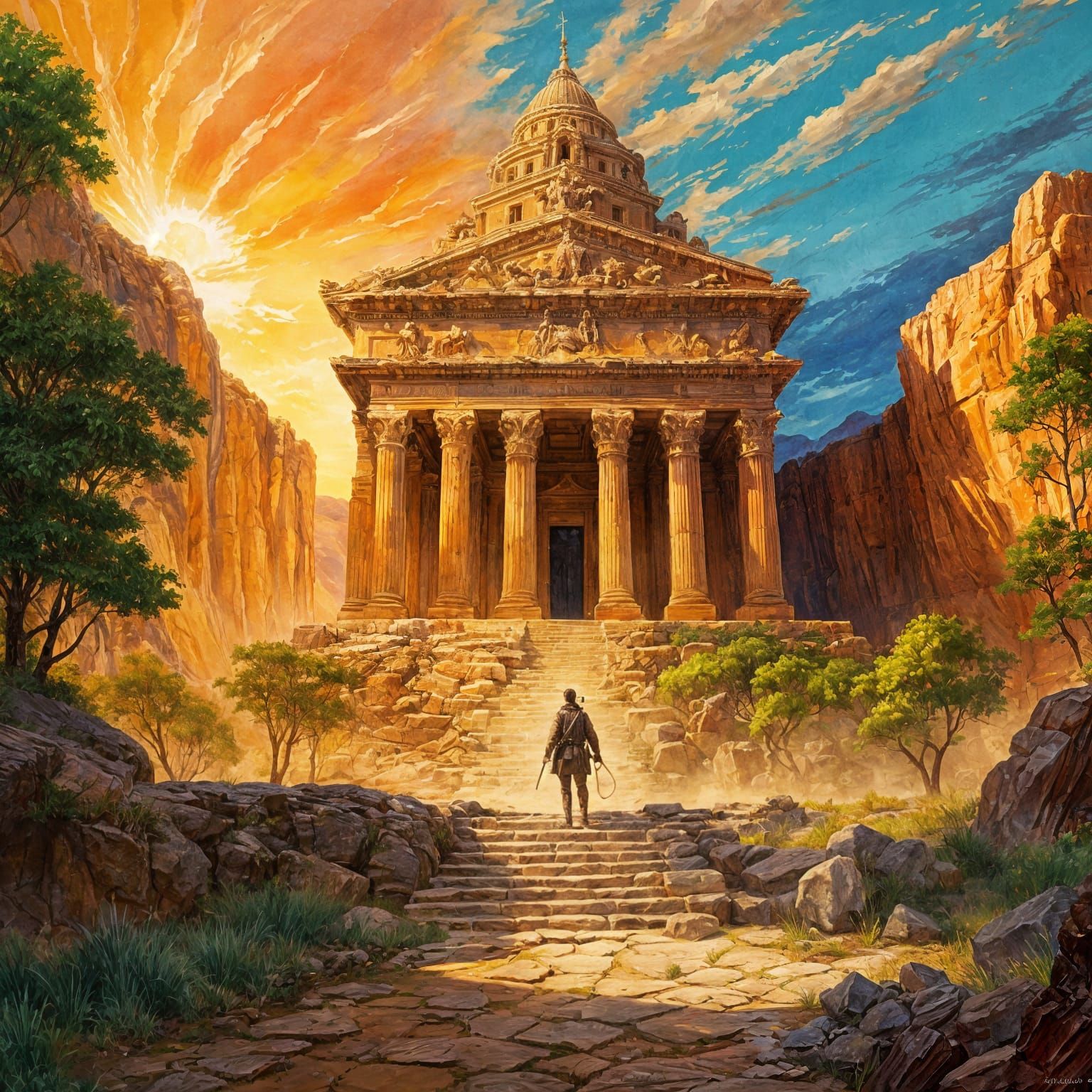 Explorers Reach Glowing Relic in Gouache Style