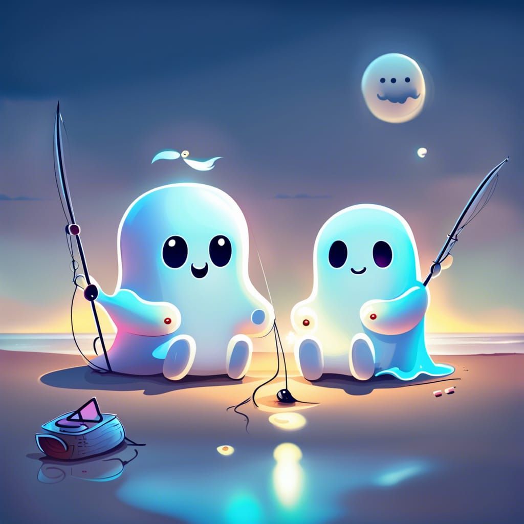 two cute ghosts, good friends, sitting together on the beach...