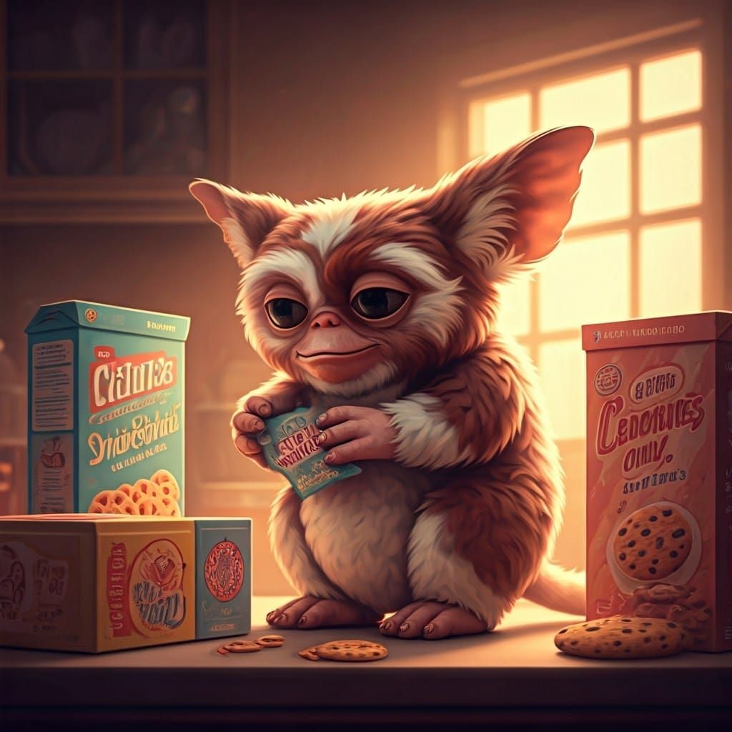 Mogwai's Whimsical Breakfast Nuzzle: Hyperrealistic Pop Art