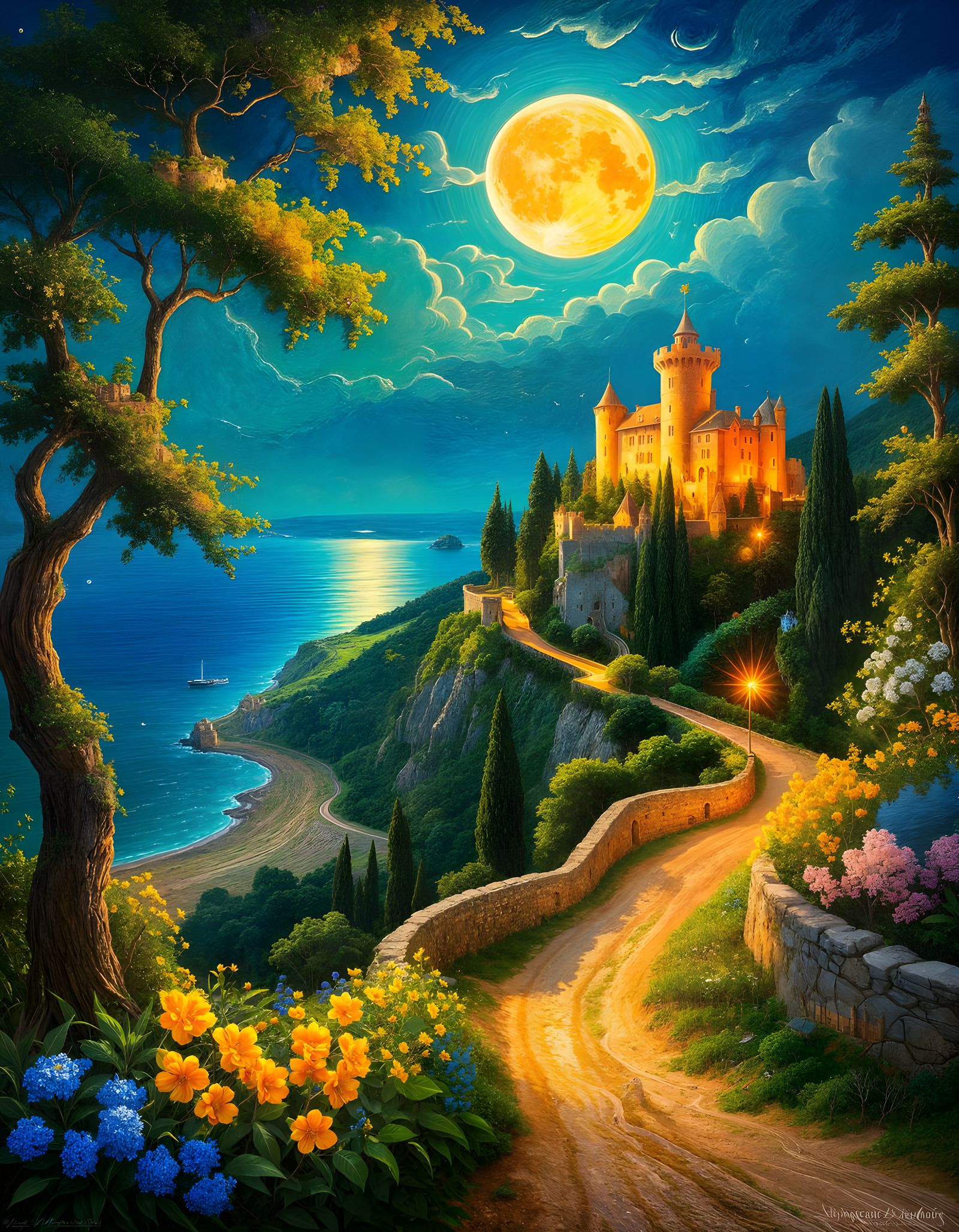 Majestic Medieval Castle on Cliff Overlooking Moonlit Bay