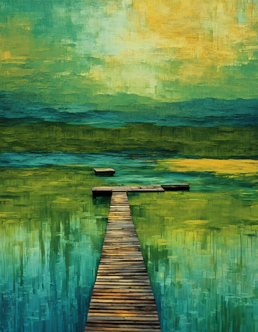 Surreal Lake Sunrise with Abstract Expressionist Textures