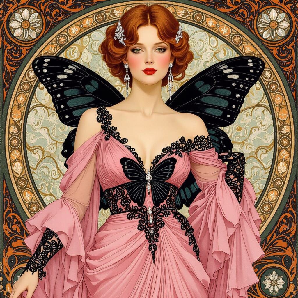 Elegant Woman in Pink Gown with Butterfly Motif