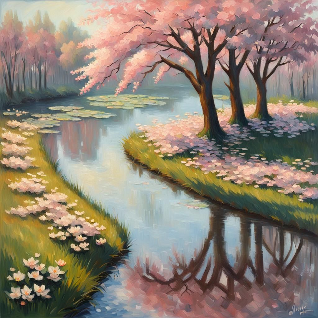 Cherry Blossom Tree Reflected: An Impressionist Oil Painting
