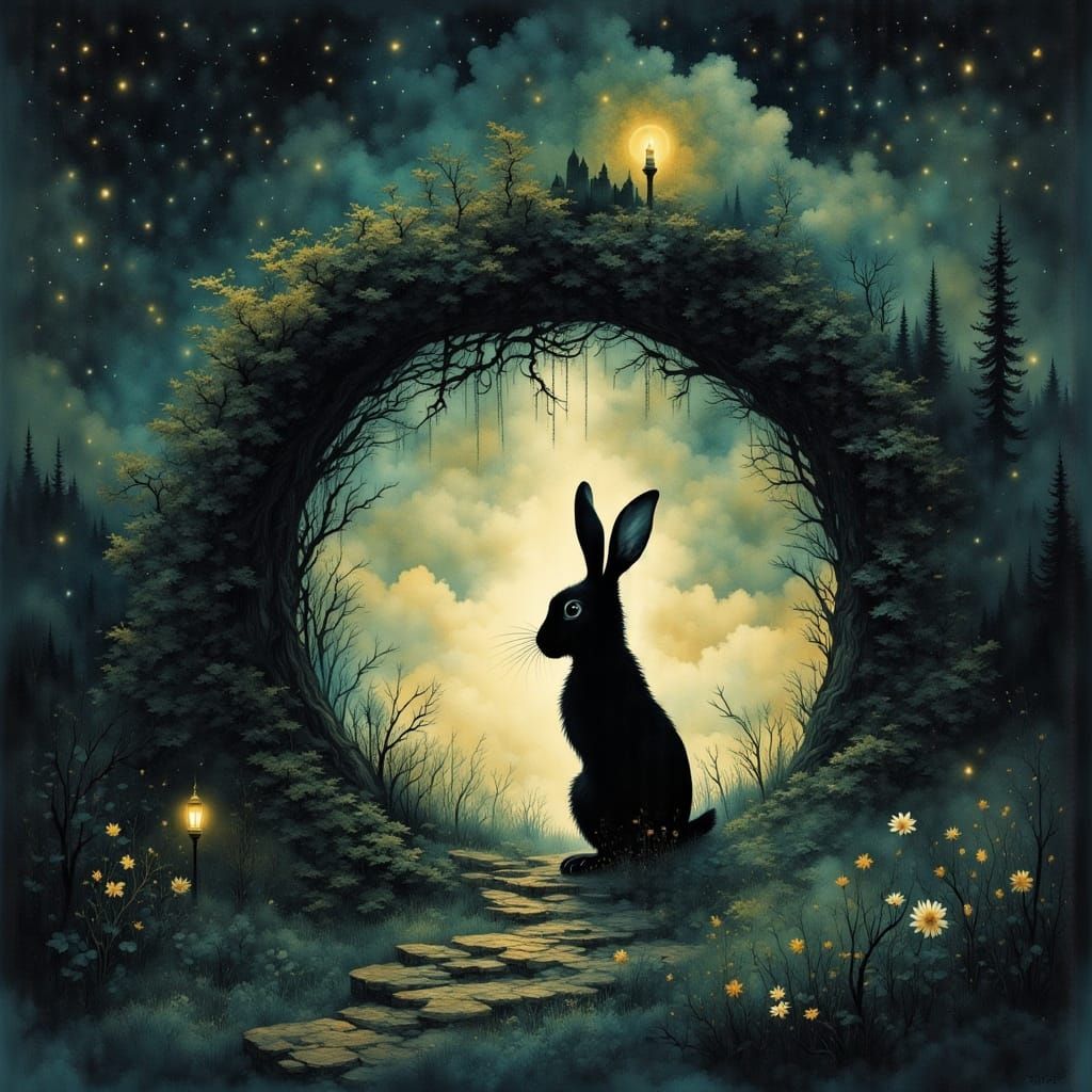 Dreamy Rabbit Portal to Wonderland: Storybook Illustration