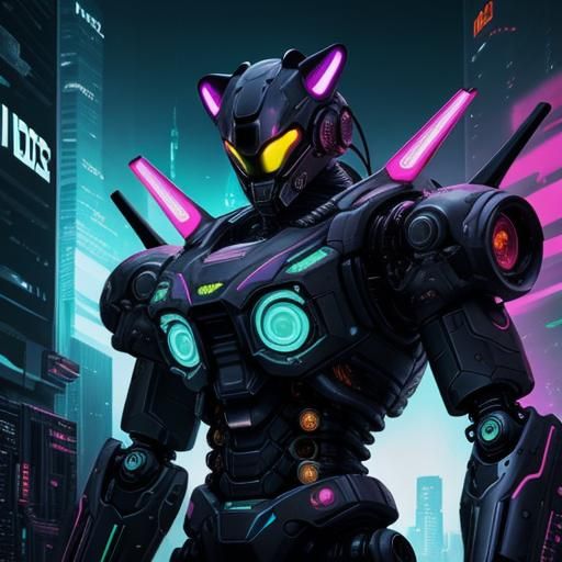 Jaguar, mechanical, cyberpunk, battle suit, black, neon ligh...
