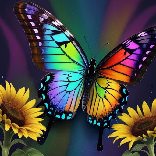 Rainbow Butterfly on Sunflower: Detailed Matte Painting