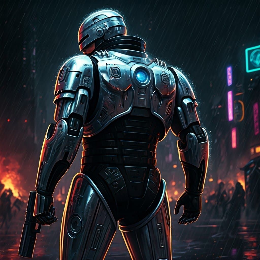 Gritty Cyberpunk Enforcer in Dystopian Rain-Soaked City