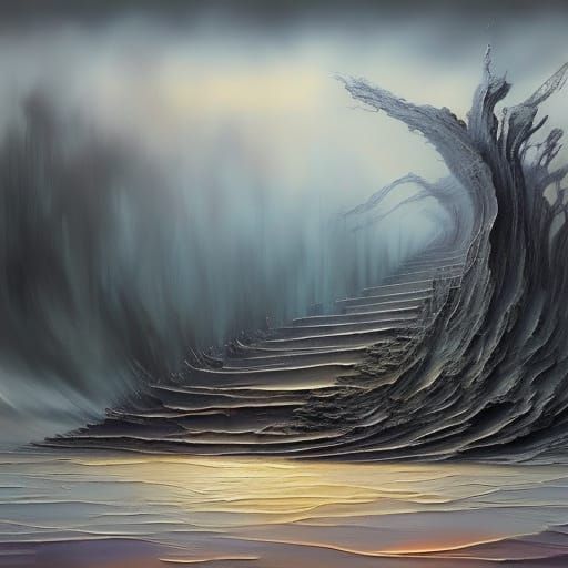 Surreal Stairway to Modern Doorway in Warped Landscape