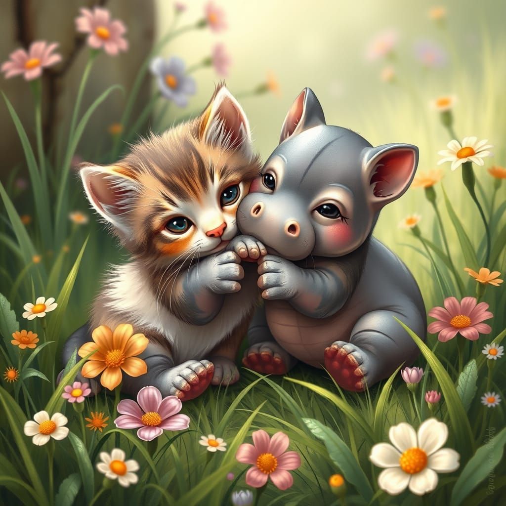 Kitten and Baby Hippo Play in Whimsical Garden