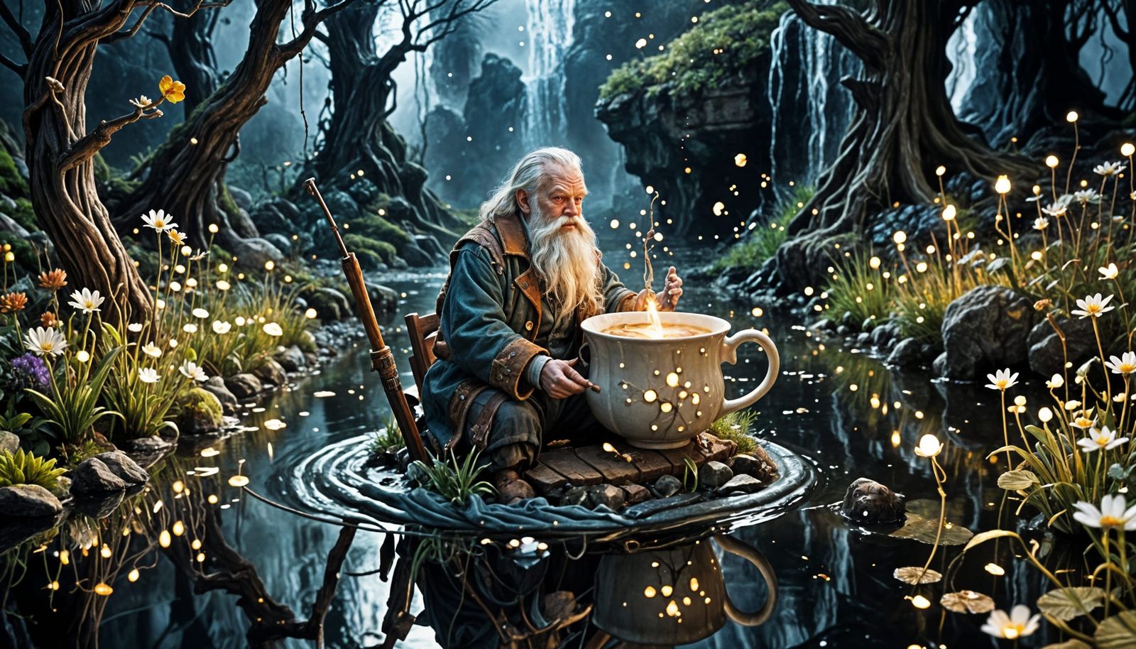 Surreal Teacup Fisherman in Claymation Style