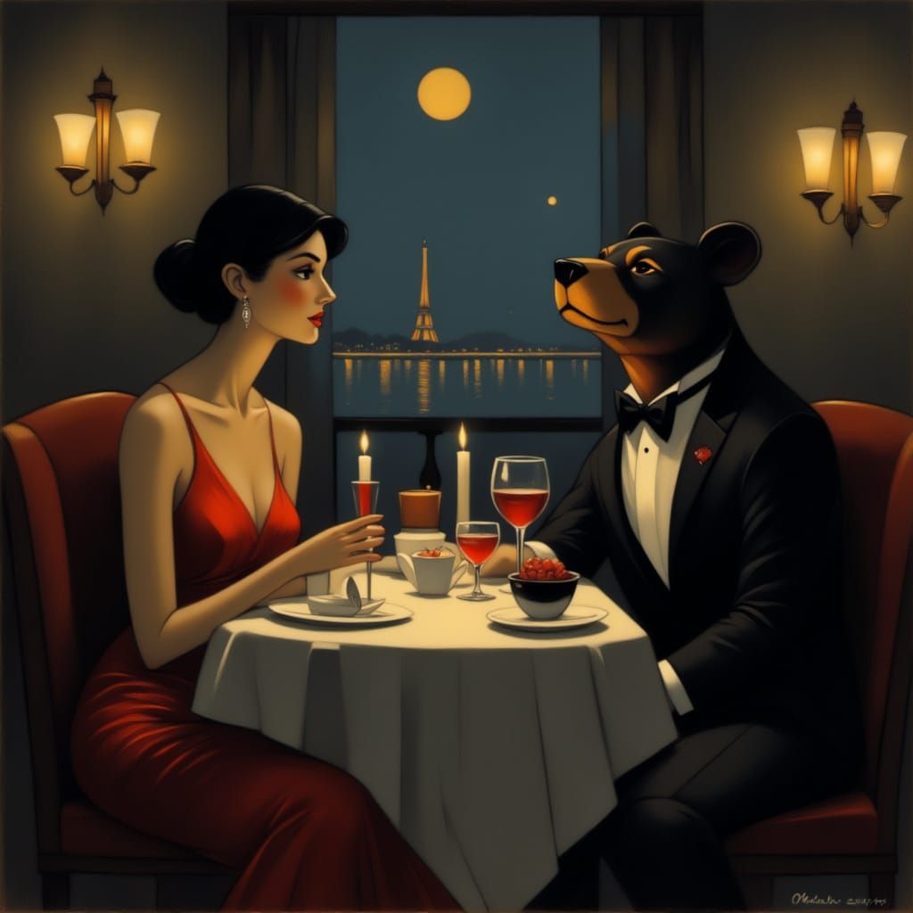 Elegant Woman Dines With Bear in Tuxedo