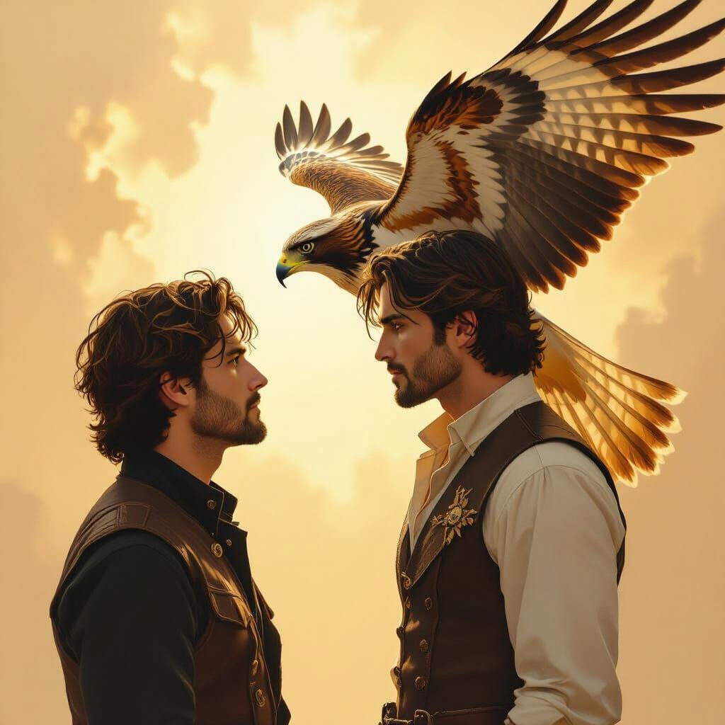 Fantasy Romance: Men with Hawk Wing in Golden Light