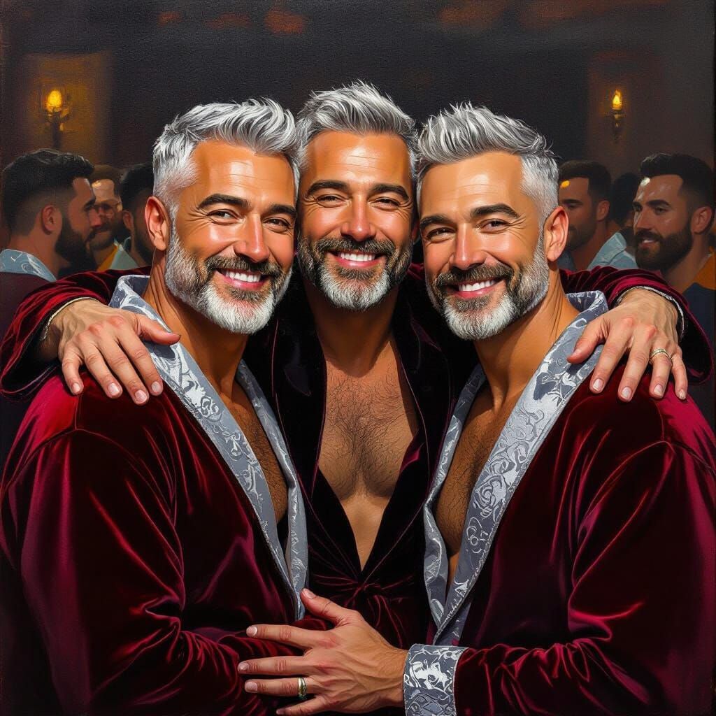 Impressionist Oil Painting of Three Men Embracing in a Club