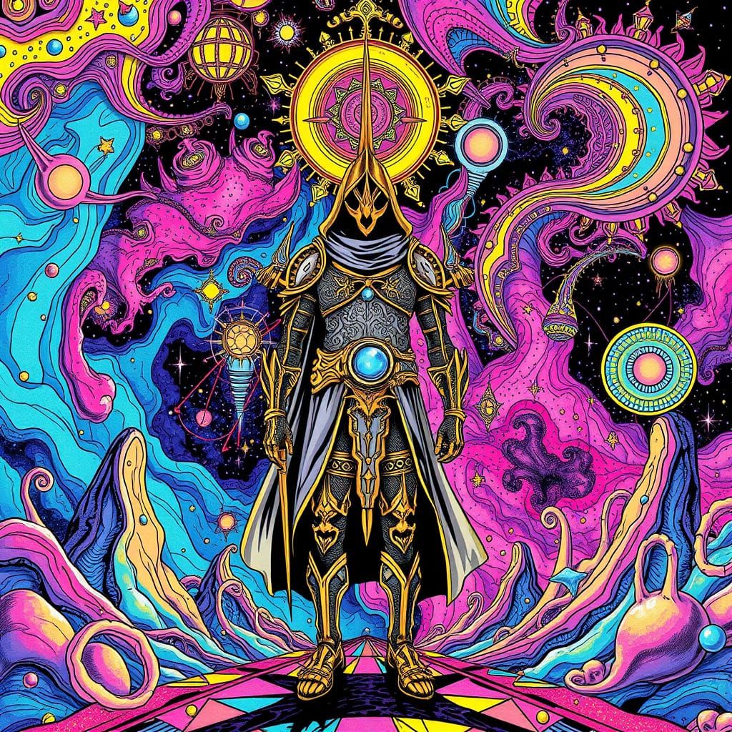 Lone Hero in Cosmic Psychedelic Ink Painting