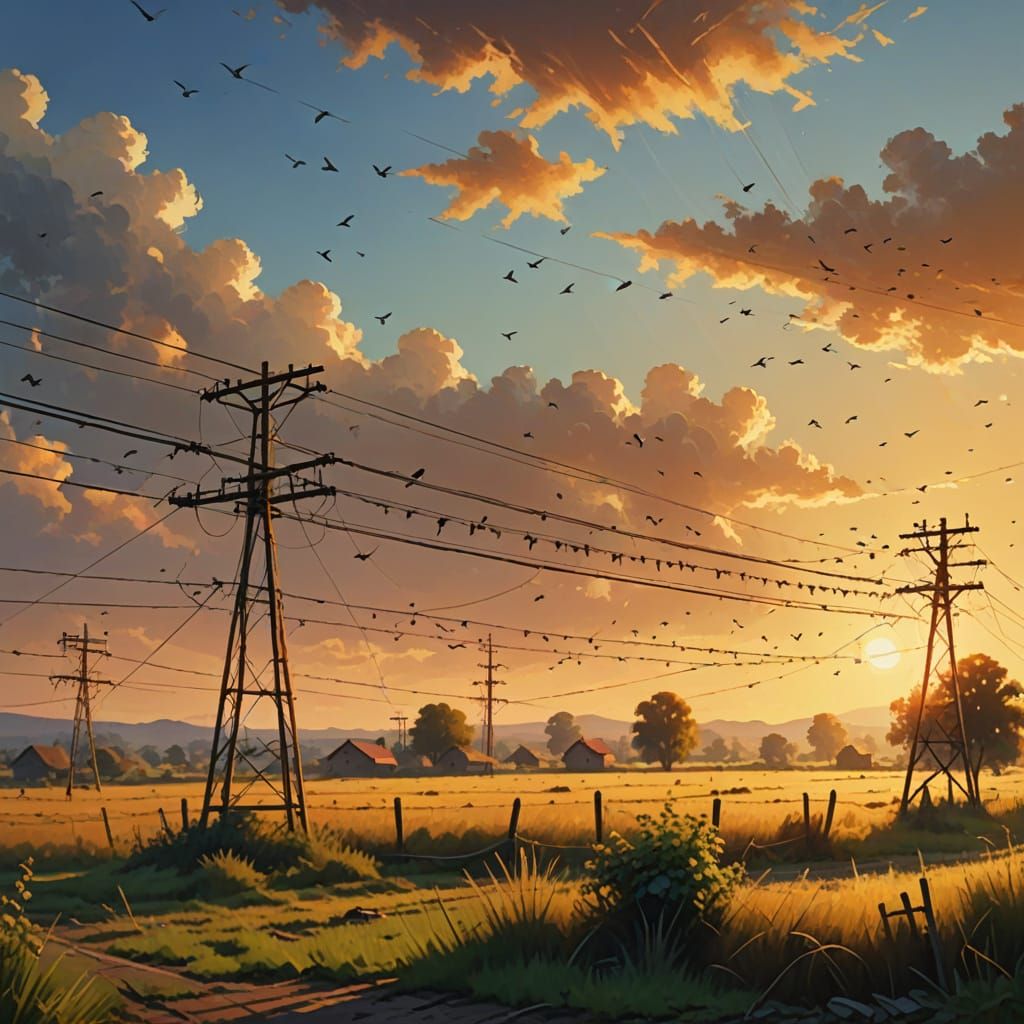 Distant birds on a telegraph wire scene