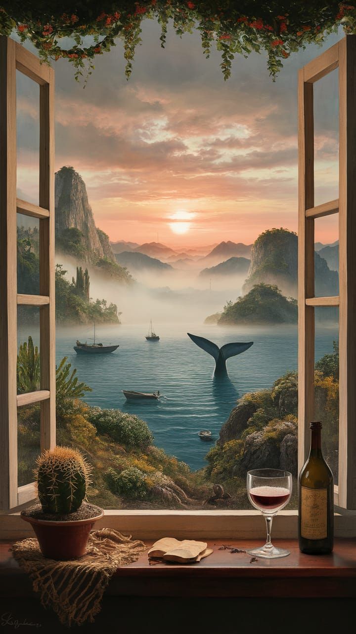 Whimsical Sunset Scene with Wine and Cactus