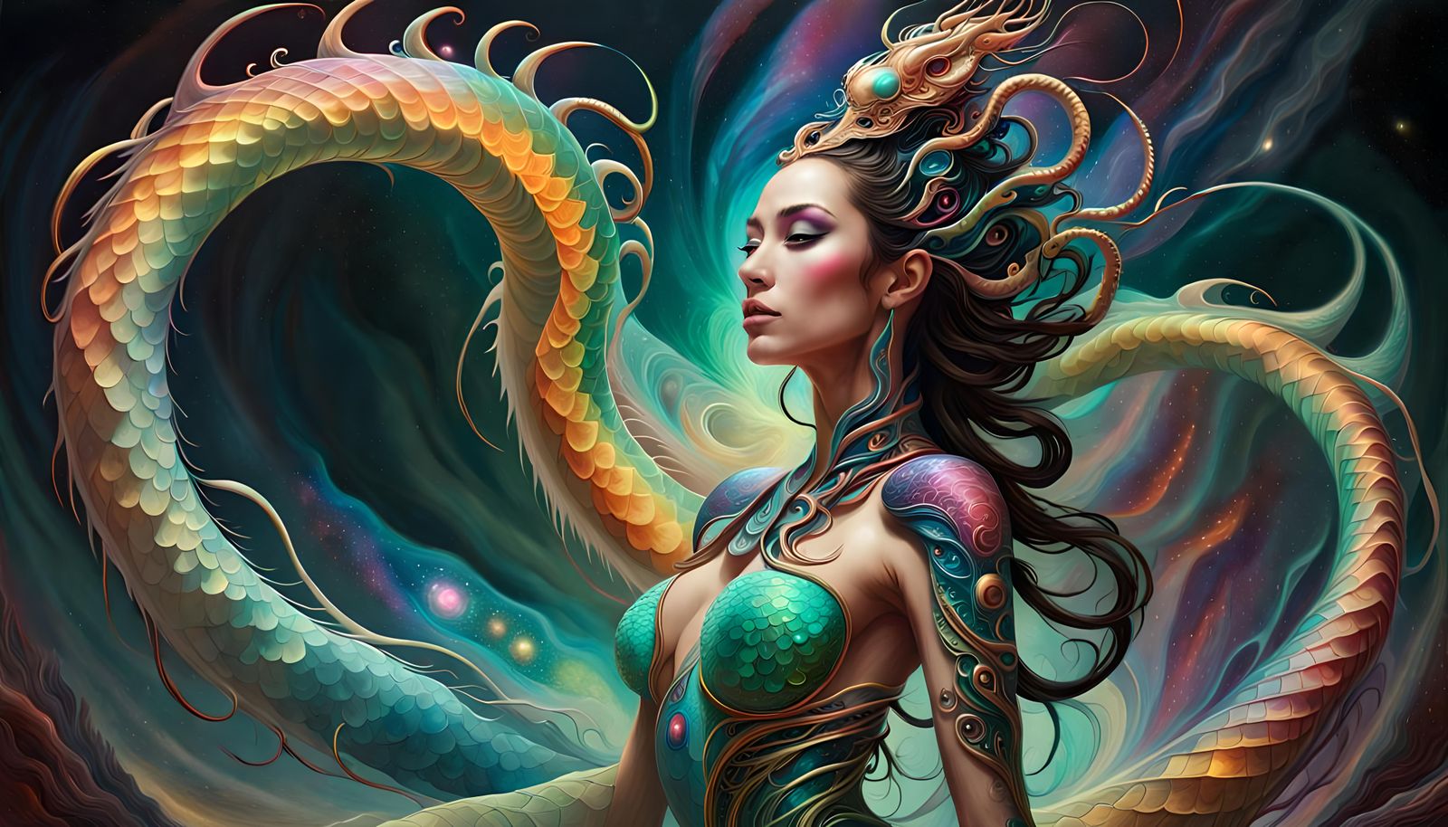 Rainbow Galaxy Naga Princess in Digital Oil