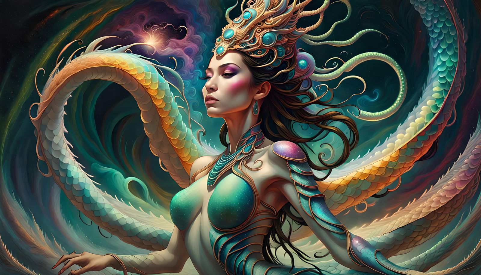Naga Princess in Rainbow Galaxy: Digital Oil Painting