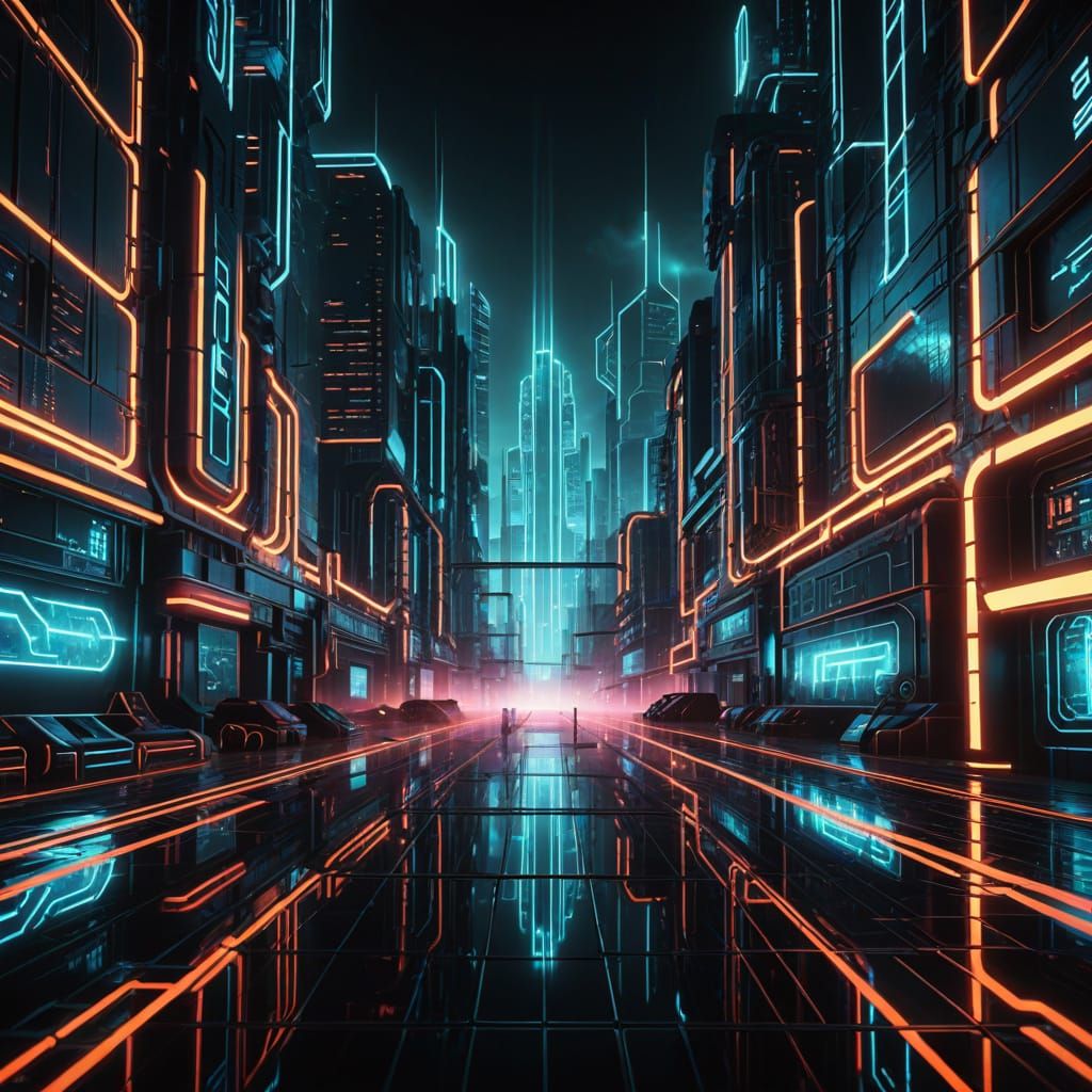 Neon Metropolis on Glowing Grid in Cyberpunk Style