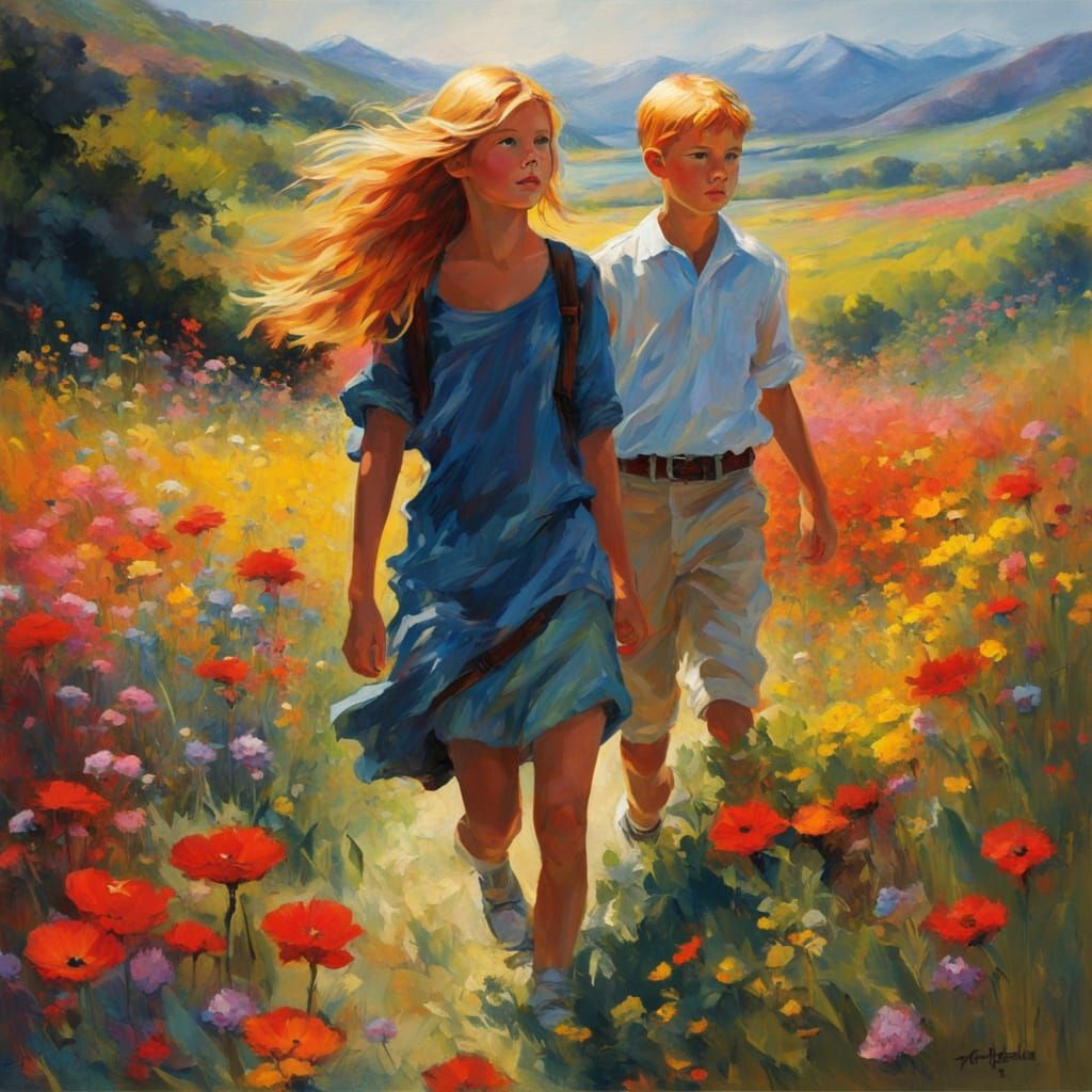 Futuristic Impressionist Children Among Wildflowers