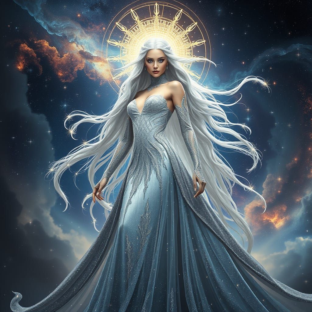 Celestial Goddess in Shimmering Silver Gown
