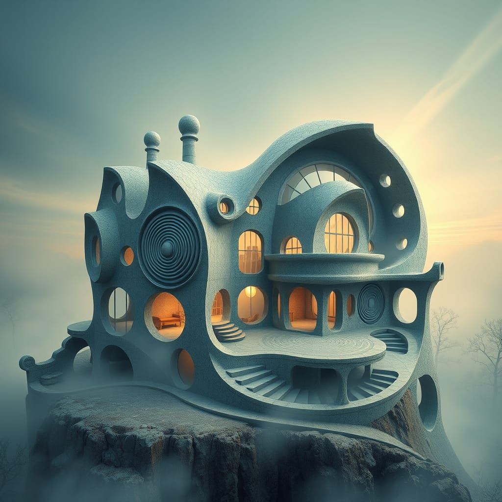 Dreamlike Escherian House in a Misty, Gradient Sky