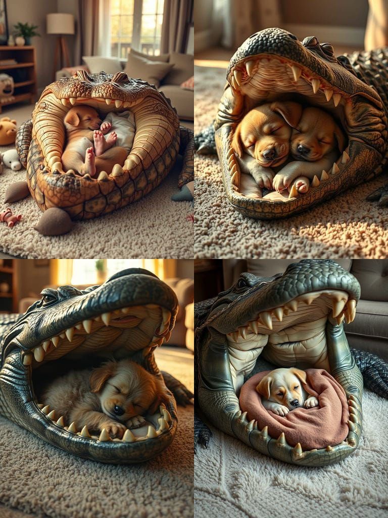Photorealistic Scene of Puppy and Crocodile Cozy in Living R...