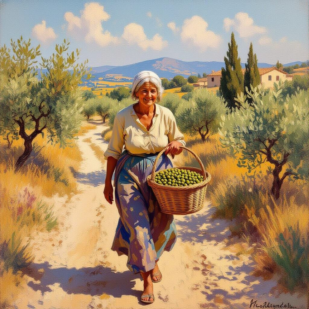 Elderly Woman Carries Olives in Sun-Drenched Landscape