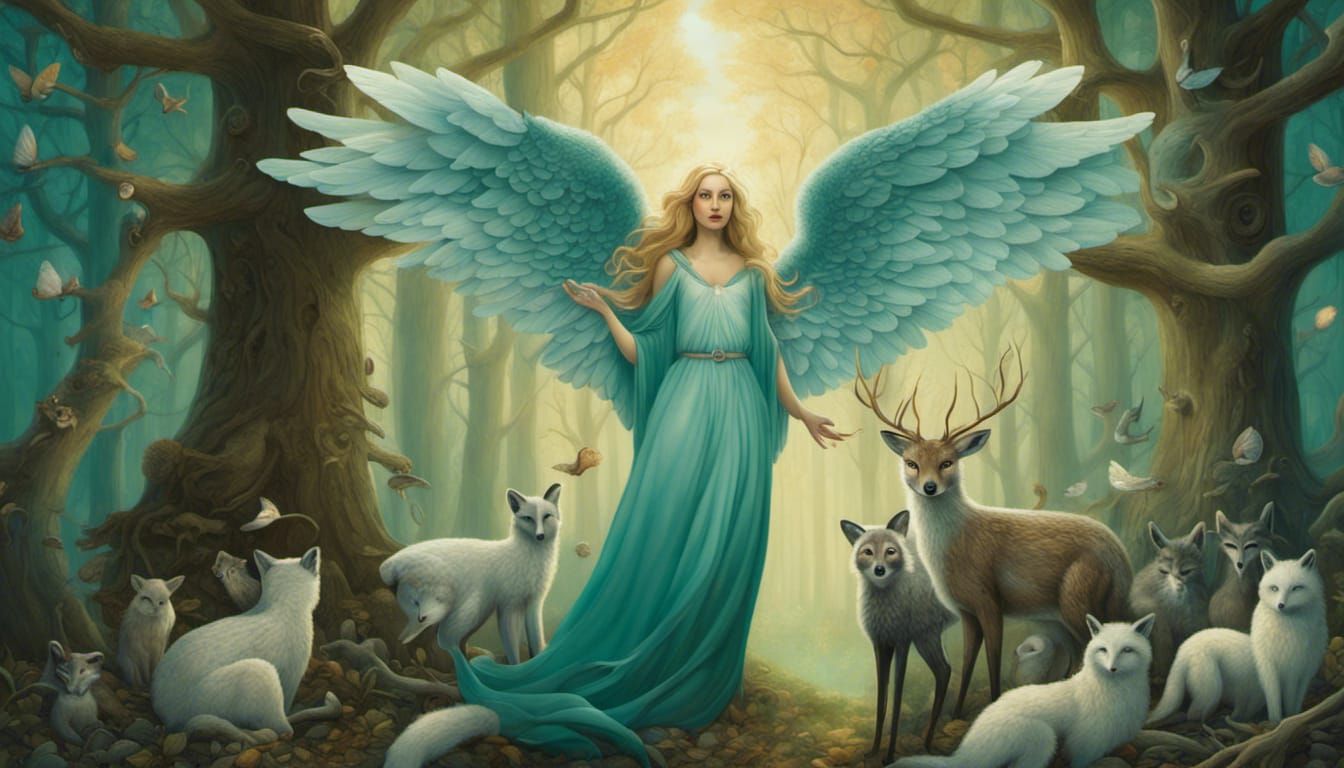 Luminous Angel Over Woodland Animals in Lush Forest