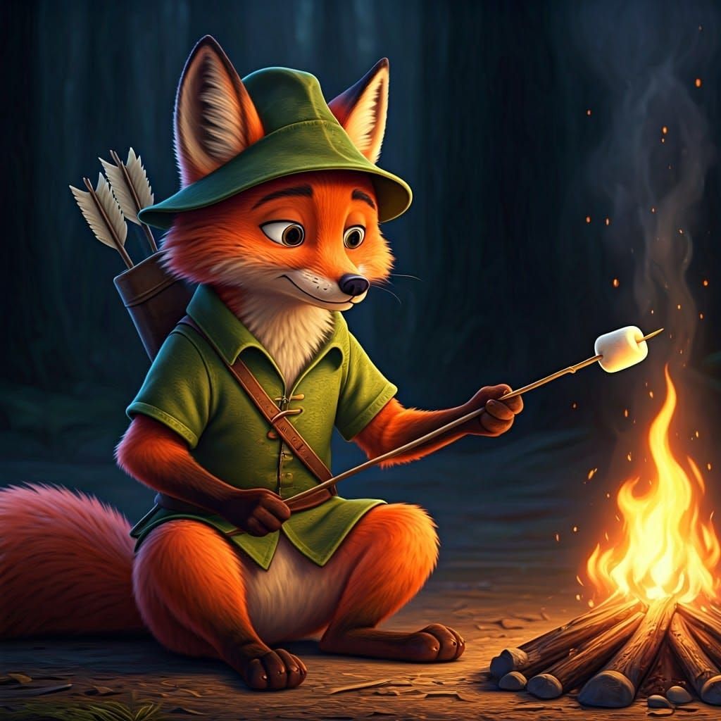 Whimsical Fox Roasts Marshmallow by Campfire in Hyperrealist...