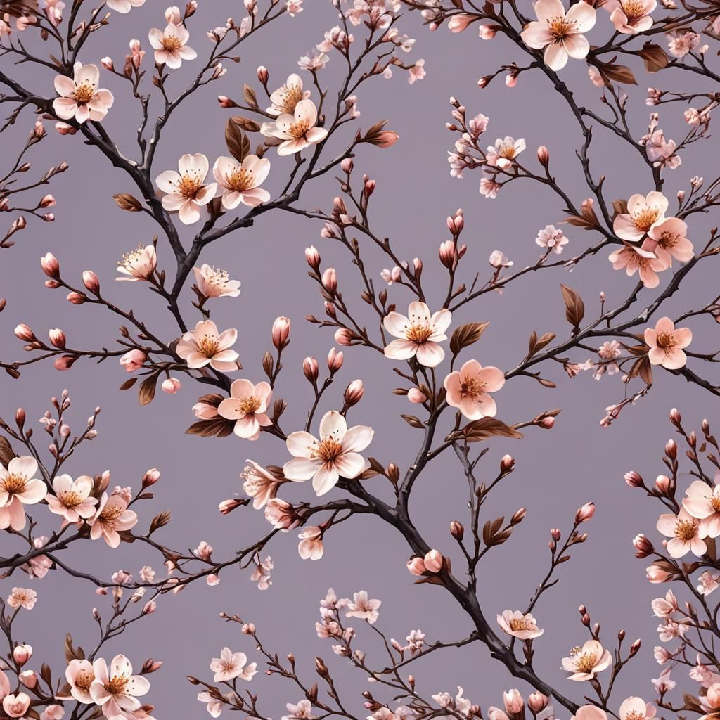 Botanical Illustration: Cherry Blossoms on Lavender, Fantasy...