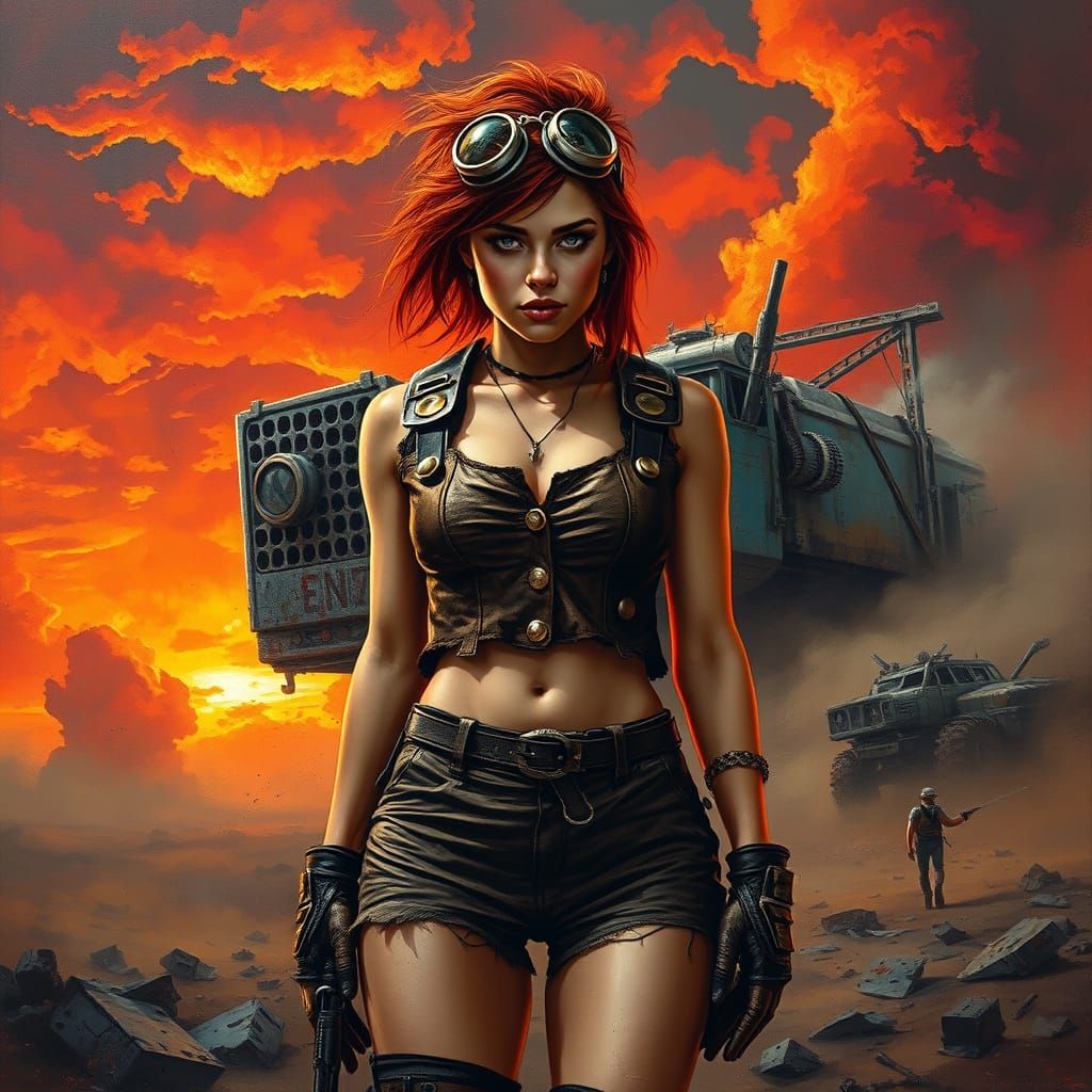 Steampunk War Lady Against a Fiery Sunset