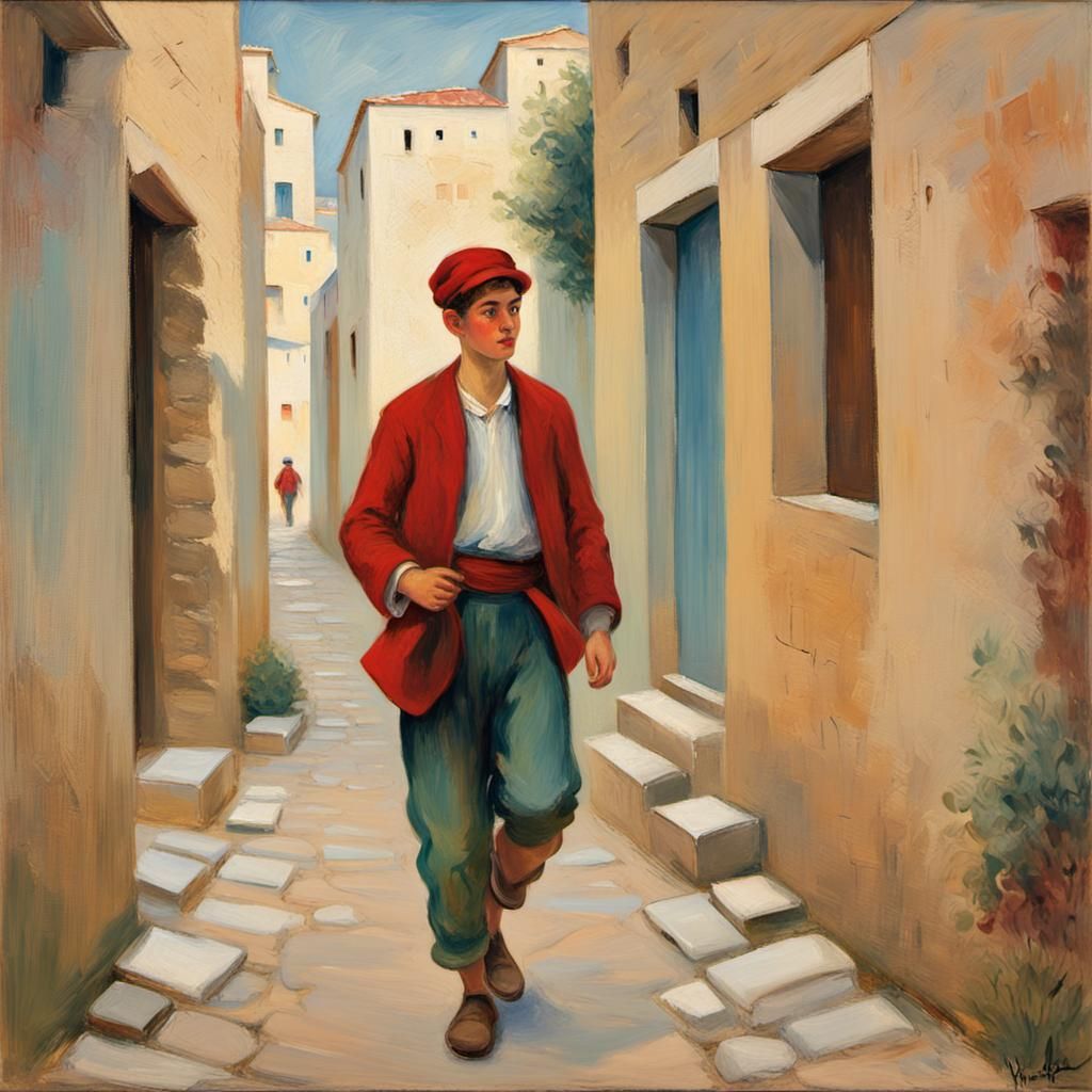 Pickpocket in Greek Alley, Impressionist Oil Painting