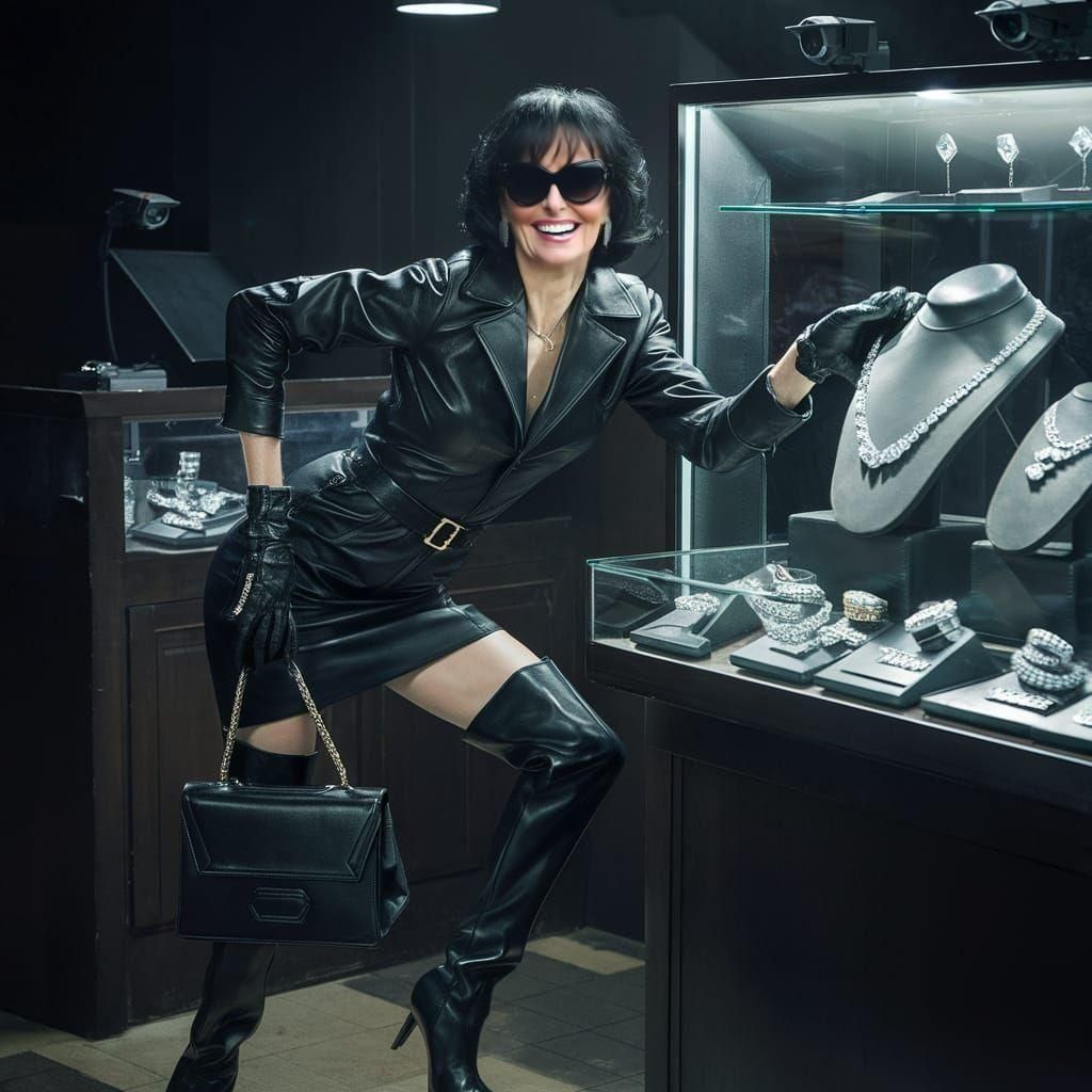 Woman's Daring Jewelry Heist in Leather Attire
