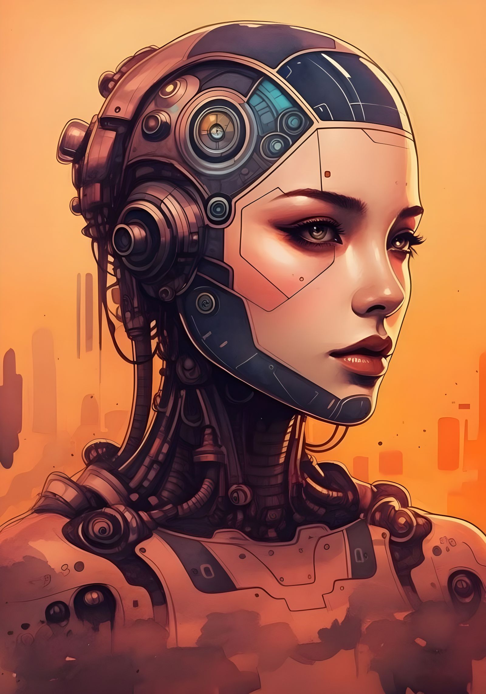 Symmetrical Cyborg Portrait in Watercolor and Ink