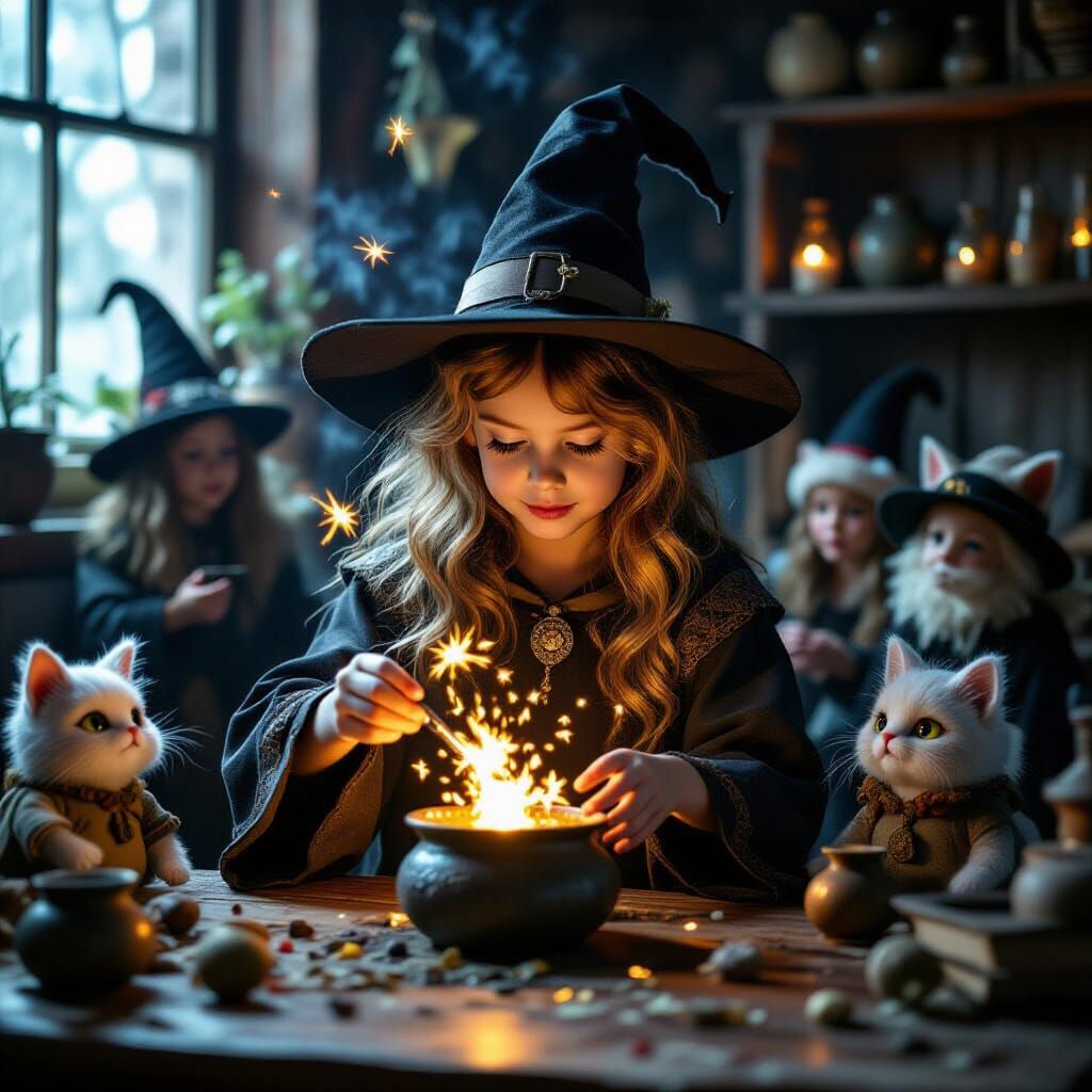 Witch Apprentice Mixes Potion with Magical Companions