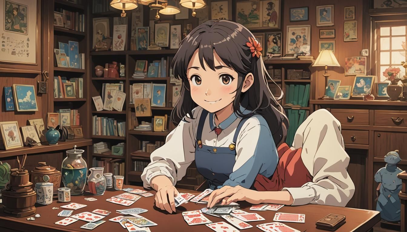 Anime Girl Playing Cards in Ghibli Style Room