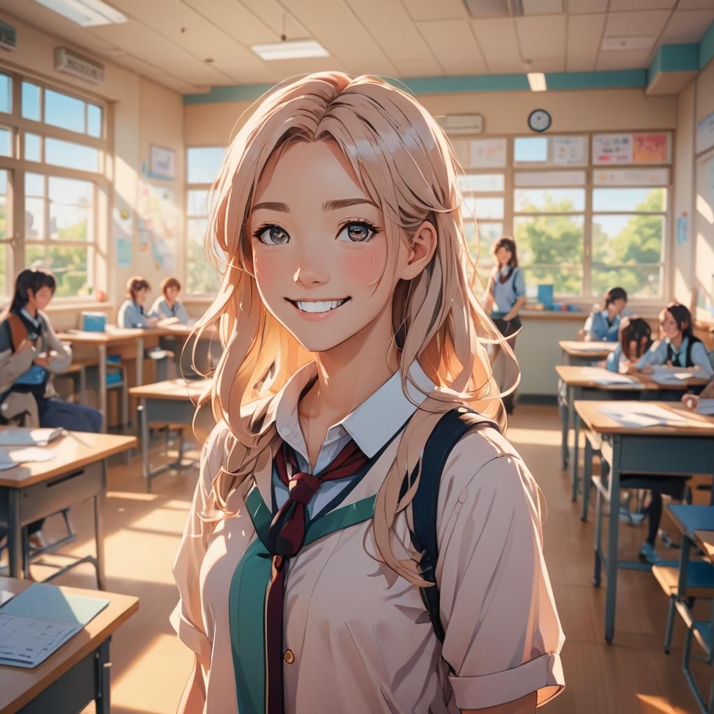Anime Highschool Girl in Sunlit Classroom